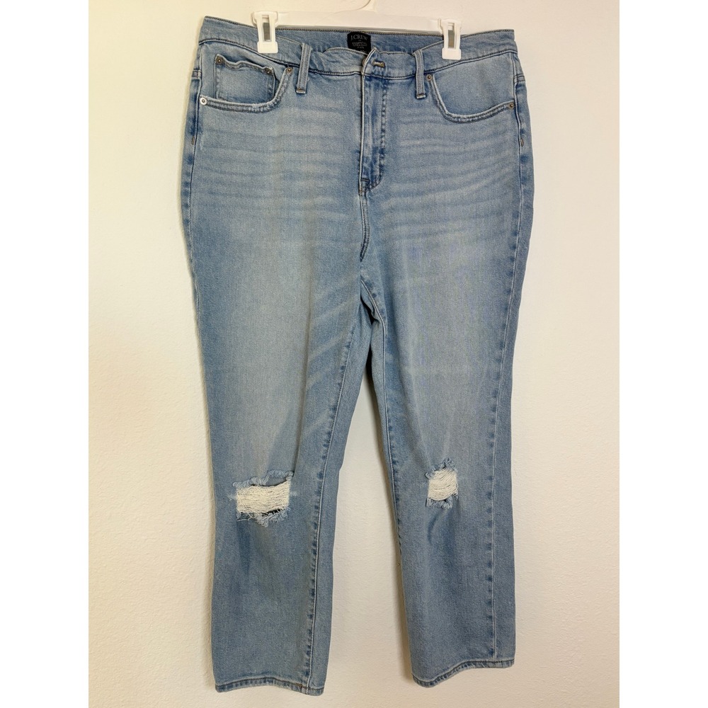 J.Crew Essential Straight Jean Light Wash Distressed Denim Size 33 High Rise